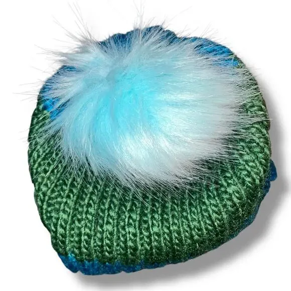 Hat Attack Happy Stripes Beanie Hat Blue Green Knit Faux Fur Pom-Pom OS Winter - Picture 5 of 9
